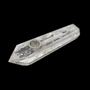 clear quartz crystal smoking pipe, faceted double point with metal screen bowl, angled view