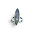 Rare Earth Gallery labradorite ring featuring an elongated sharp oval cabochon in a 925 sterling silver bezel setting.