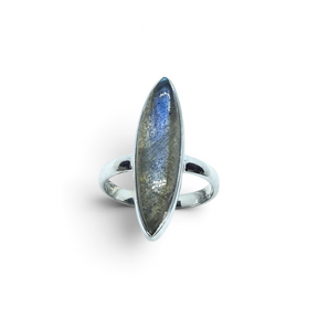 Rare Earth Gallery labradorite ring featuring an elongated sharp oval cabochon in a 925 sterling silver bezel setting.