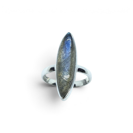 Rare Earth Gallery labradorite ring featuring an elongated sharp oval cabochon in a 925 sterling silver bezel setting.