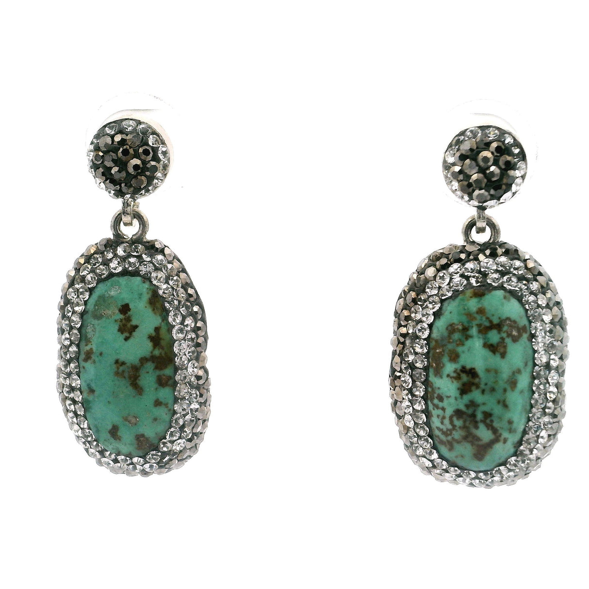 Persian Turquoise Dangle Earrings - Elongated Green Oval with Rows of Silver Swarovski Crystals & Marcasite Hanging from Round in 925 Sterling Silver