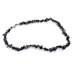 Rare Earth Gallery sodalite chip necklace featuring polished blue and white stone fragments on a silver-tone clasp.