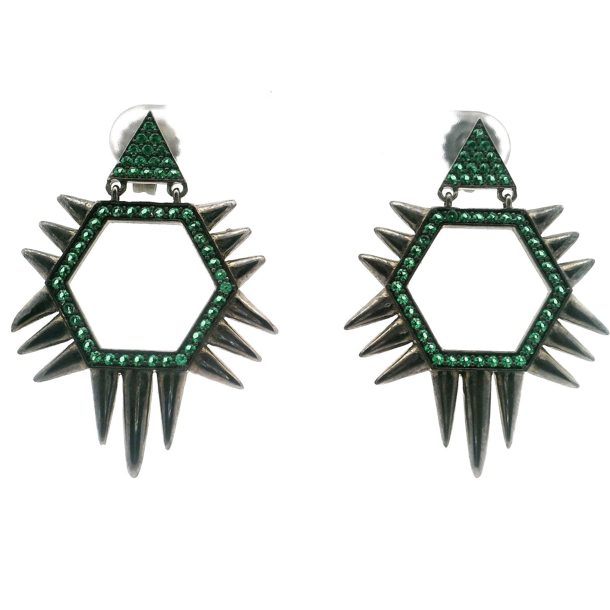 Nano Stone Dangle Earrings - Green Triangle & Hexagon with Spiky Edges & Dark Overlay over 925 Sterling Silver