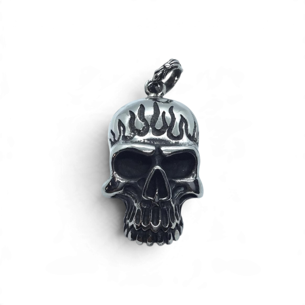 Rare Earth Gallery stainless steel skull pendant featuring a flame-inspired saw blade design on the forehead
