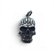 Rare Earth Gallery stainless steel skull pendant featuring a flame-inspired saw blade design on the forehead