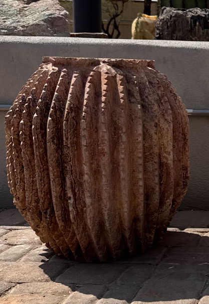 View of Red Travertine Barrel Cactus Carving Fountain ***NO Basin
