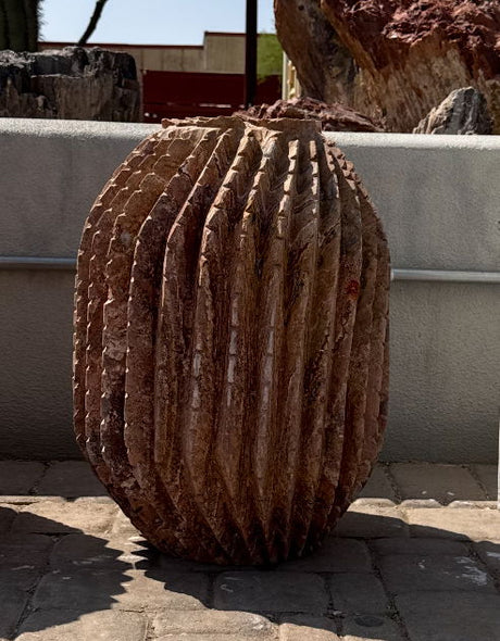 View of Red Travertine Barrel Cactus Carving Fountain ***NO Basin