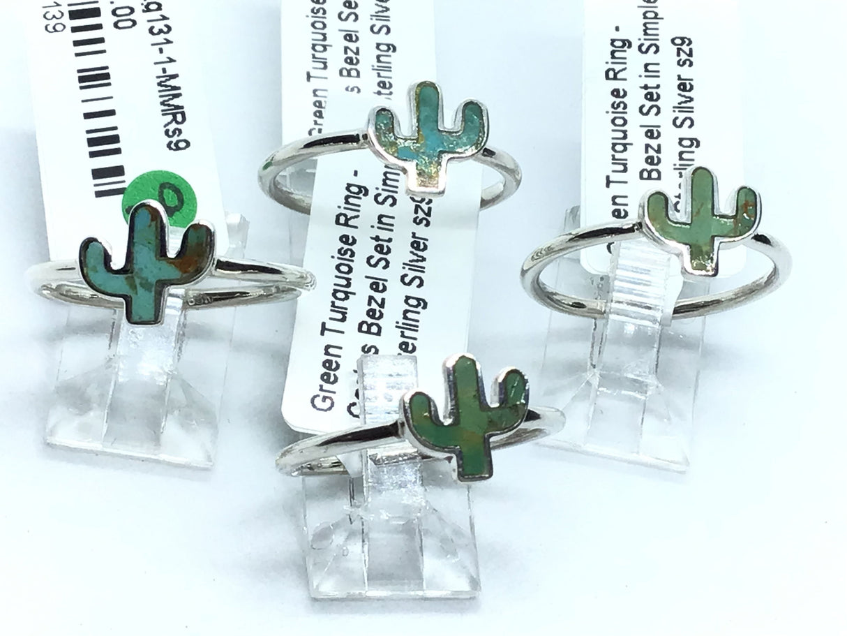 View of Green Turquoise Ring - Cactus Bezel Set in Simple 925 Sterling Silver sz9