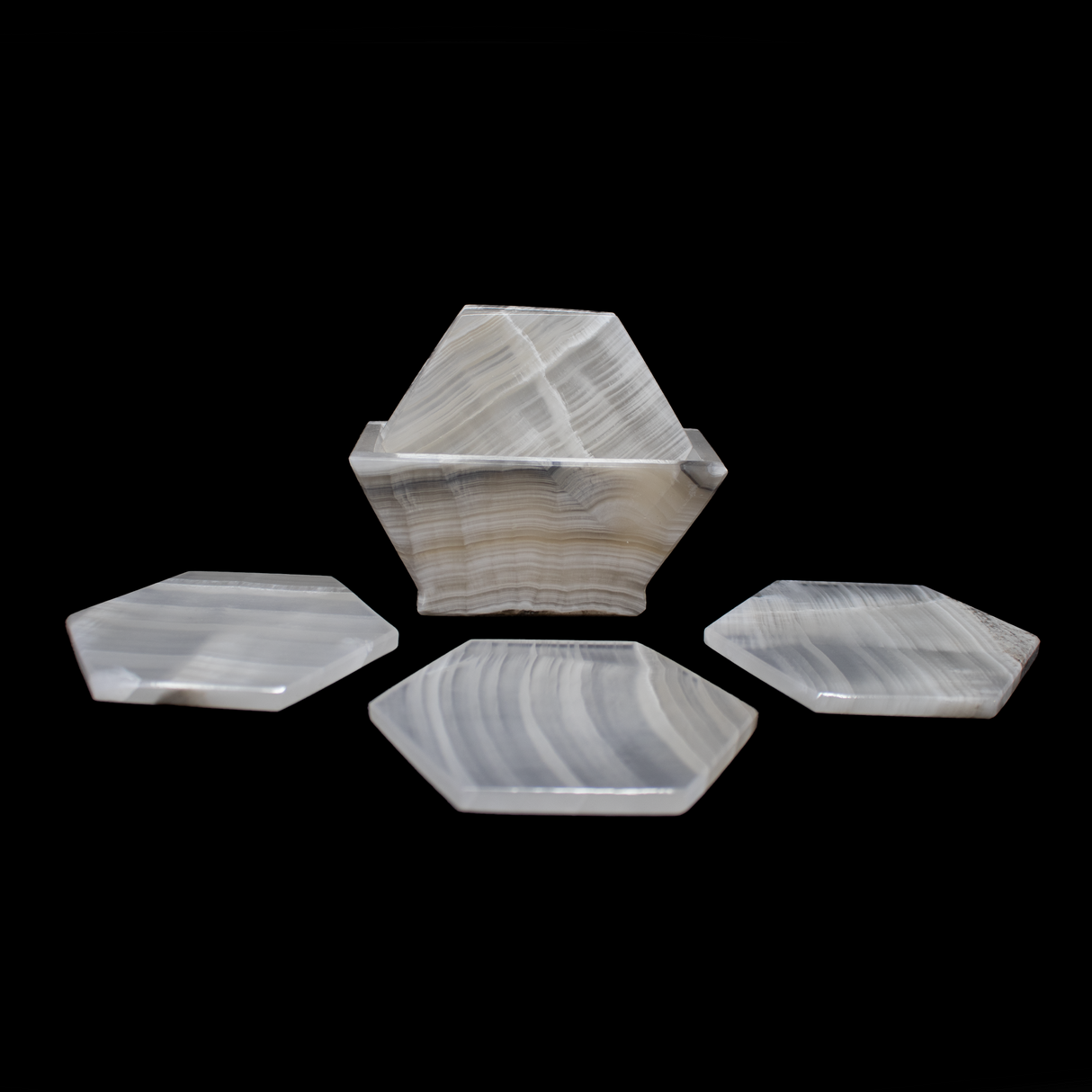 Banded Pearlescent Onyx Coasters - Set of 6 with Holder - Hexagons