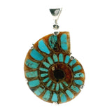 View of Ammonite Fossil Pendant - Open Ammonite Cross-section Inlaid with Vibrant Blue Arizona Turquoise & Some Dark Veining Prong Set in 925 Sterling Silver