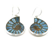 View of Ammonite Fossil Dangle Earrings - Cross-section Inlaid with Kyanite Bezel Set in Simple 925 Sterling Silver