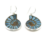 View of Ammonite Fossil Dangle Earrings - Cross-section Inlaid with Kyanite Bezel Set in Simple 925 Sterling Silver