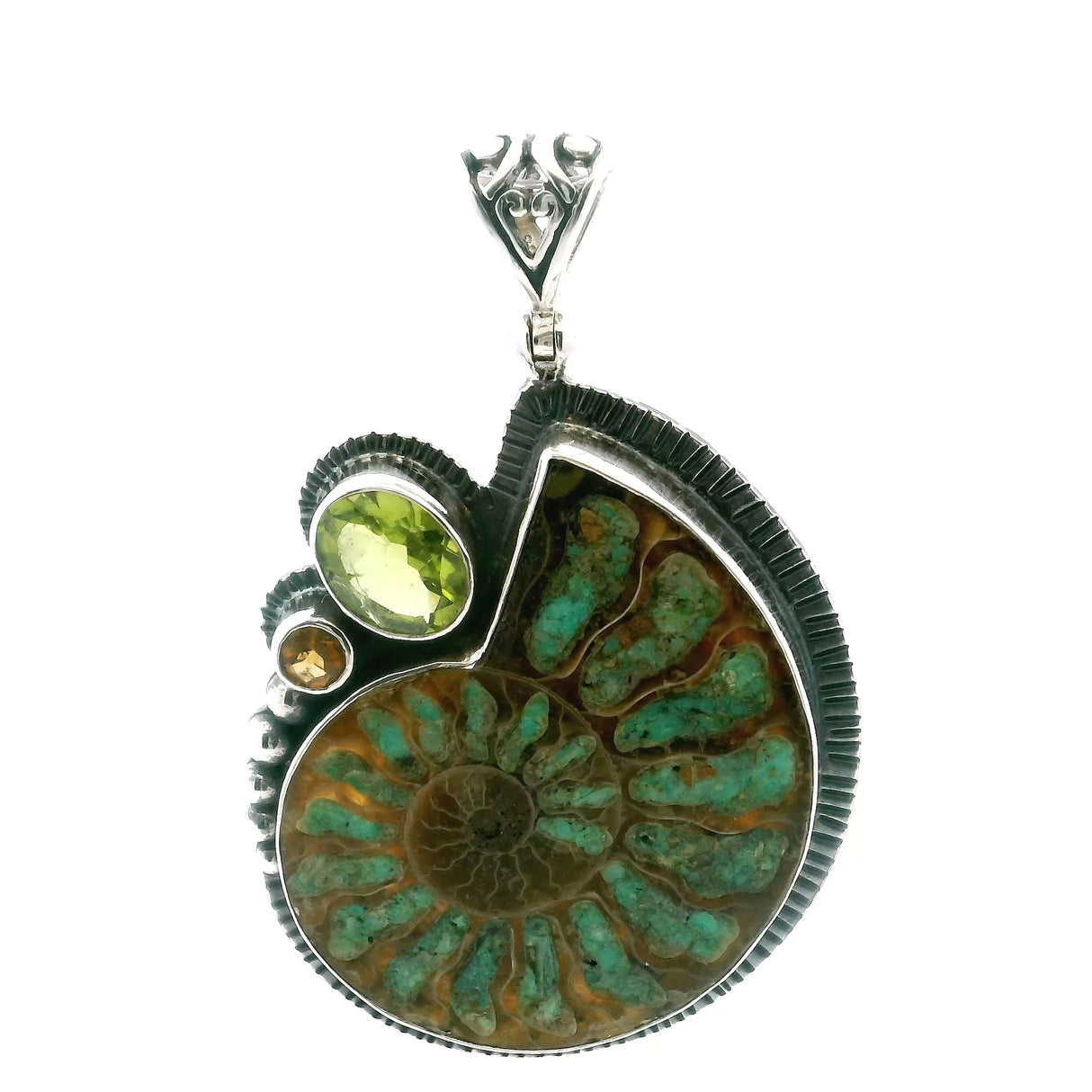 View of Ammonite Fossil Pendant - Open Ammonite Cross-section Inlaid with Smithsonite with Faceted Peridot Oval & Citrine Round Bezel Set in 925 Sterling Silver with Bead & Line Accents
