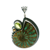 View of Ammonite Fossil Pendant - Open Ammonite Cross-section Inlaid with Smithsonite with Faceted Peridot Oval & Citrine Round Bezel Set in 925 Sterling Silver with Bead & Line Accents