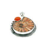 View of Ammonite Fossil Pendant - Open Ammonite Cross-section Inlaid with Sunstone with Carnelian Cabochon & 2 Dainty Faceted Garnets Bezel Set in 925 Sterling Silver with Bead and Line Accents