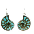 View of Ammonite Fossil Dangle Earrings - Cross-section Inlaid with Robins Egg Blue Arizona Turquoise Bezel Set in 925 Sterling Silver