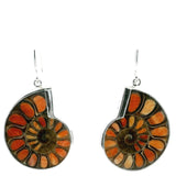 View of Ammonite Fossil Dangle Earrings - Cross-section Inlaid with Spiny Oyster & Bezel Set in 925 Sterling Silver