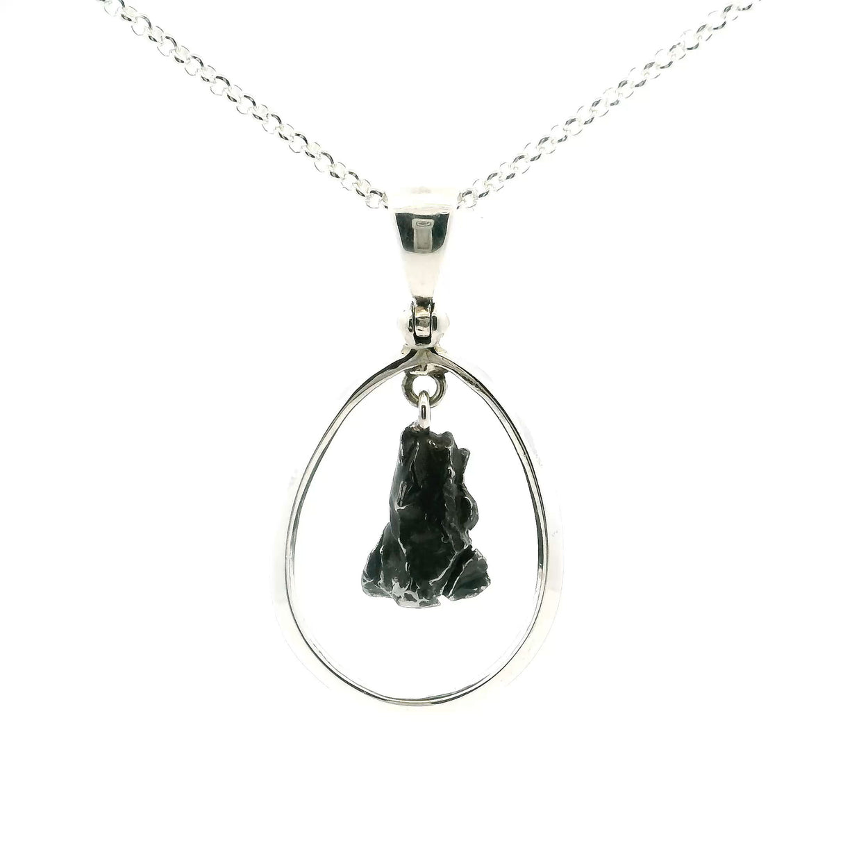 View of Campo De Cielo Meteorite Pendant - Rough Speciman Hanging in Open Oval with 925 Sterling Silver with Chain