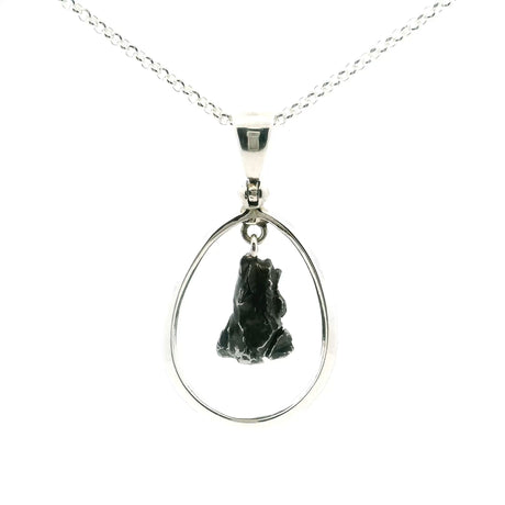 View of Campo De Cielo Meteorite Pendant - Rough Speciman Hanging in Open Oval with 925 Sterling Silver with Chain