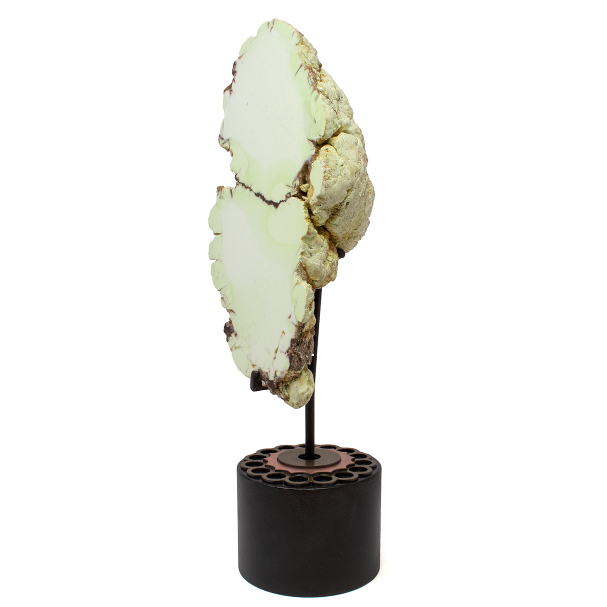 View of Pastel Green Chrysoprase End Cut on Rotating Custom Stand from Australia with Veining Through Center aka Citron Magnesite