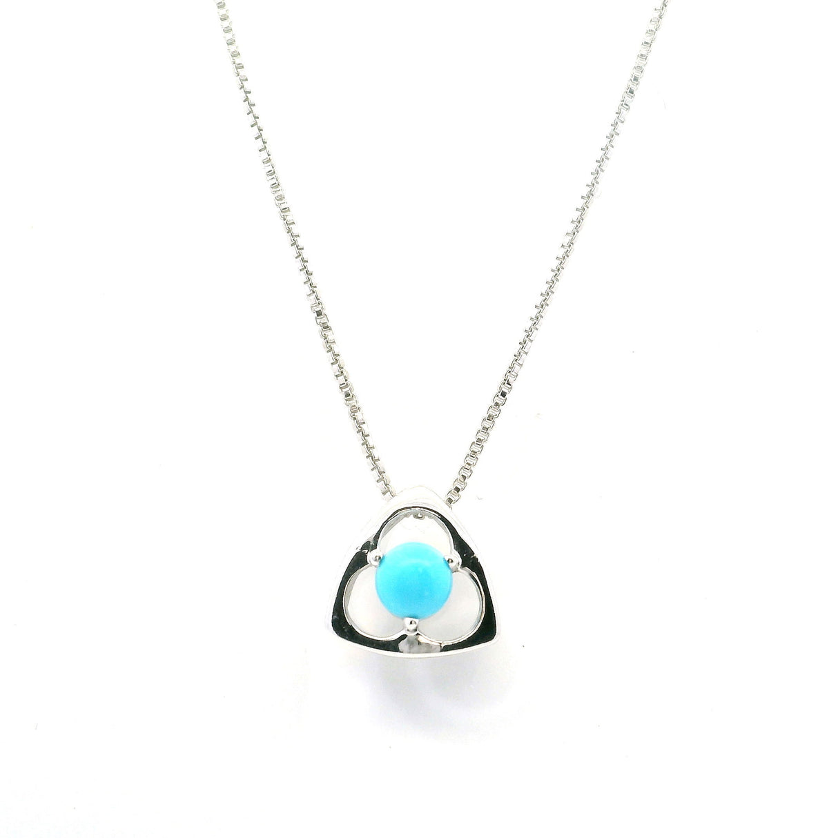View of New Mexican Turquoise Necklace - Dainty Round Cabochon in Rounded Triangle Design Prong Set in 925 Sterling Silver with Chain