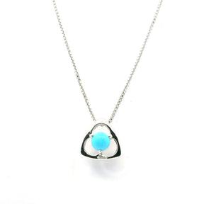 View of New Mexican Turquoise Necklace - Dainty Round Cabochon in Rounded Triangle Design Prong Set in 925 Sterling Silver with Chain