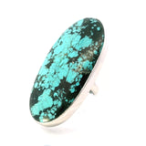 View of Tibetan Turquoise Ring - Large Oval Cabochon with Black Inclusions Bezel Set in Simple 925 Sterling Silver szAdj 2\"+