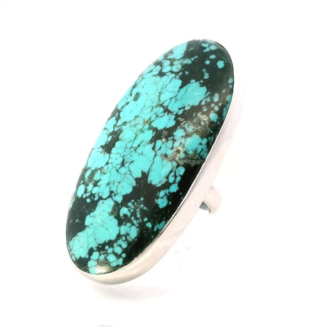 View of Tibetan Turquoise Ring - Large Oval Cabochon with Black Inclusions Bezel Set in Simple 925 Sterling Silver szAdj 2\"+