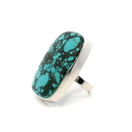 View of Tibetan Turquoise Ring - Rounded Rectangle Cabochon with Black Inclusions Bezel Set in Simple 925 Sterling Silver szAdj 1.5\"+