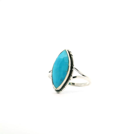 View of New Mexican Turquoise Ring - Faceted Sharp Oval Bezel Set with Stamped Line Detail & Double Band in 925 Sterling Silver sz9