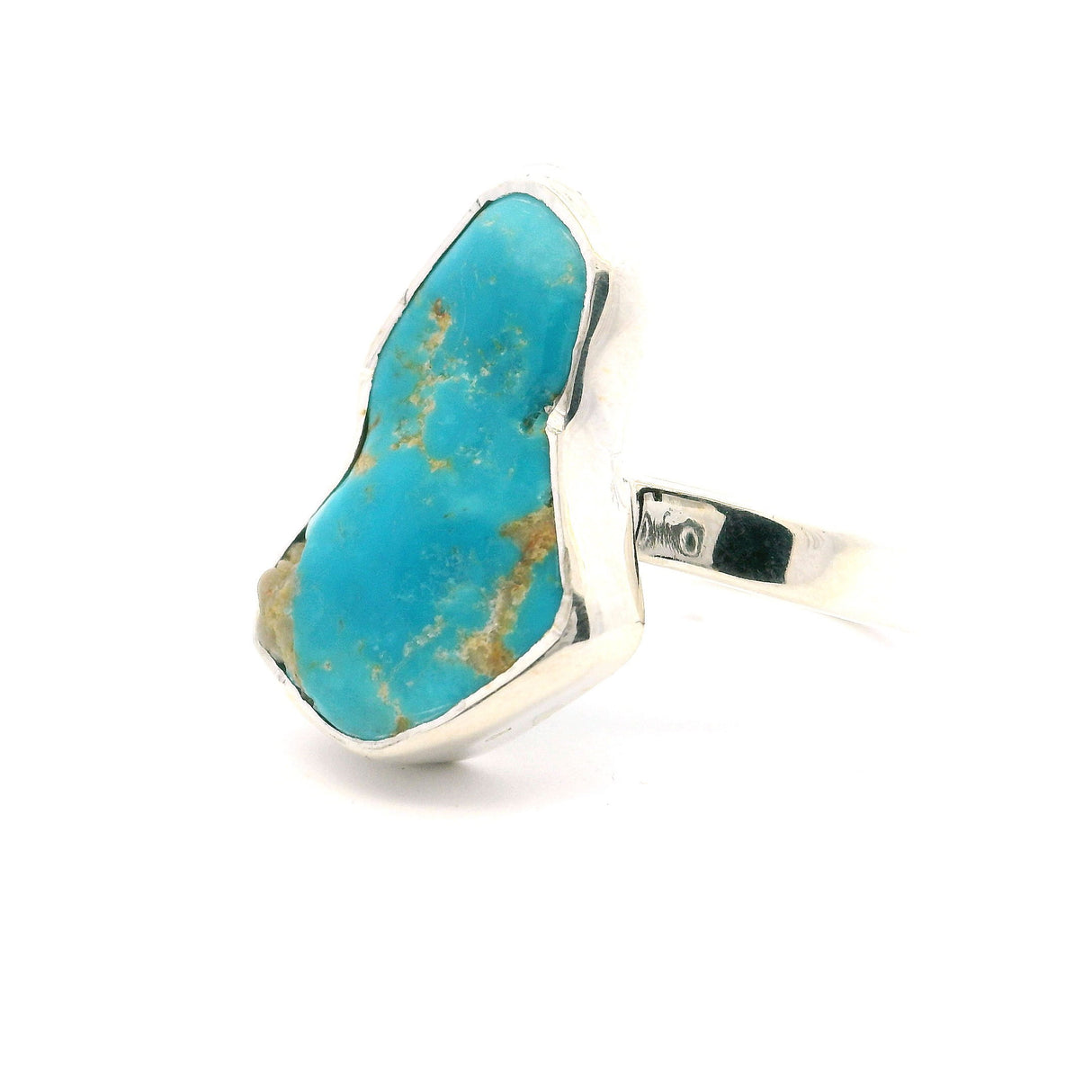 View of New Mexican Turquoise Ring - Polished Two-Tone Freeform Bezel Set In Simple 925 Sterling Silver sz7