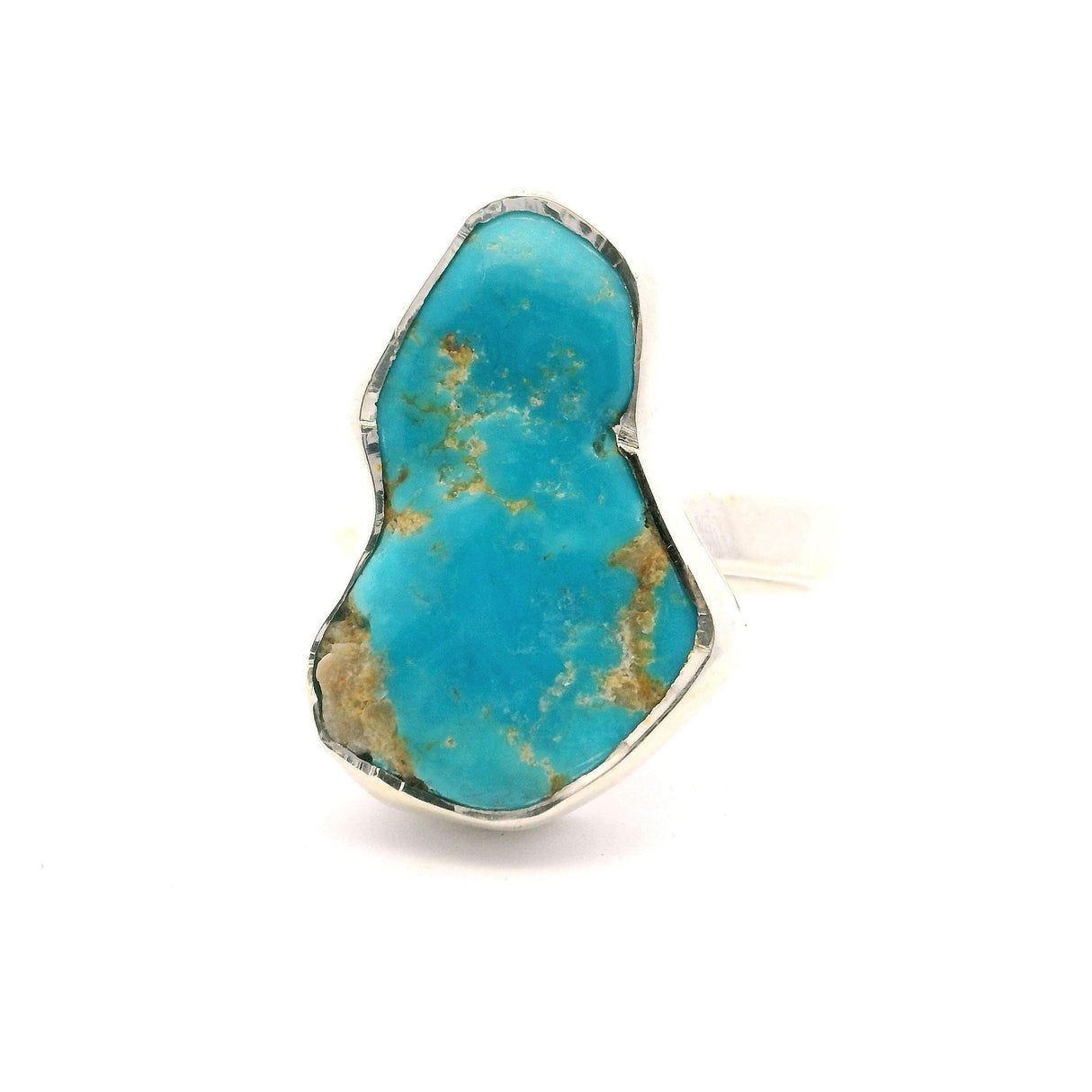 New Mexican Turquoise Ring - Polished Two-Tone Freeform Bezel Set In Simple 925 Sterling Silver sz7