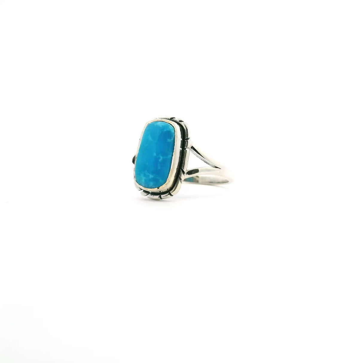 View of New Mexican Turquoise Ring - Rounded Rectangle Cabochon Bezel Set with Stamped Line Detail & Double Band in 925 Sterling Silver sz5