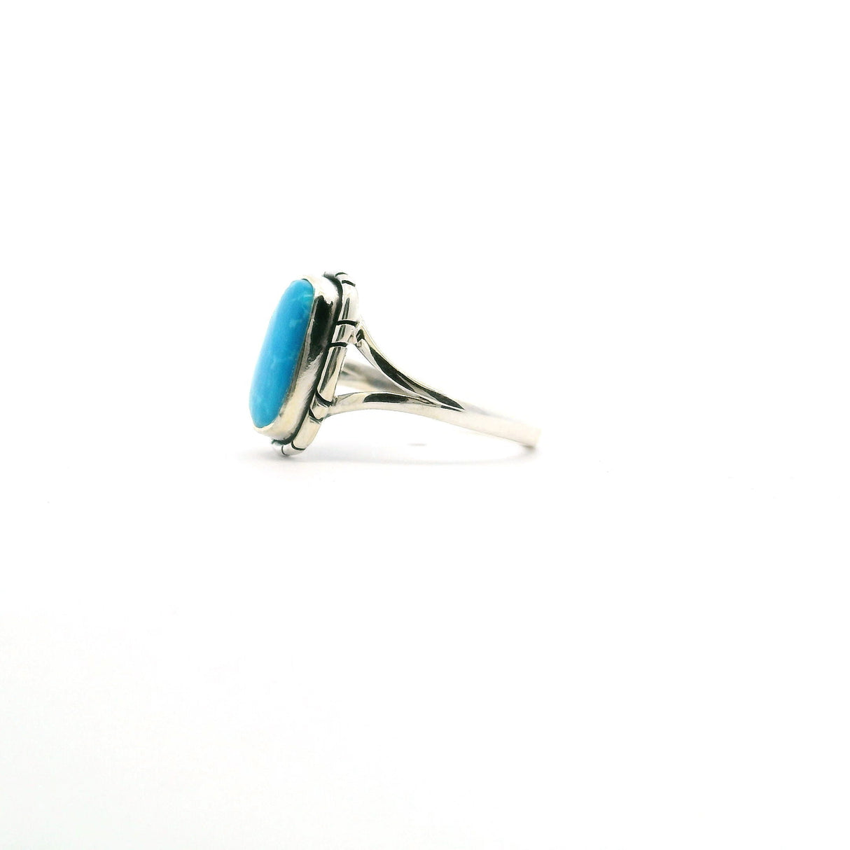 New Mexican Turquoise Ring - Rounded Rectangle Cabochon Bezel Set with Stamped Line Detail & Double Band in 925 Sterling Silver sz5