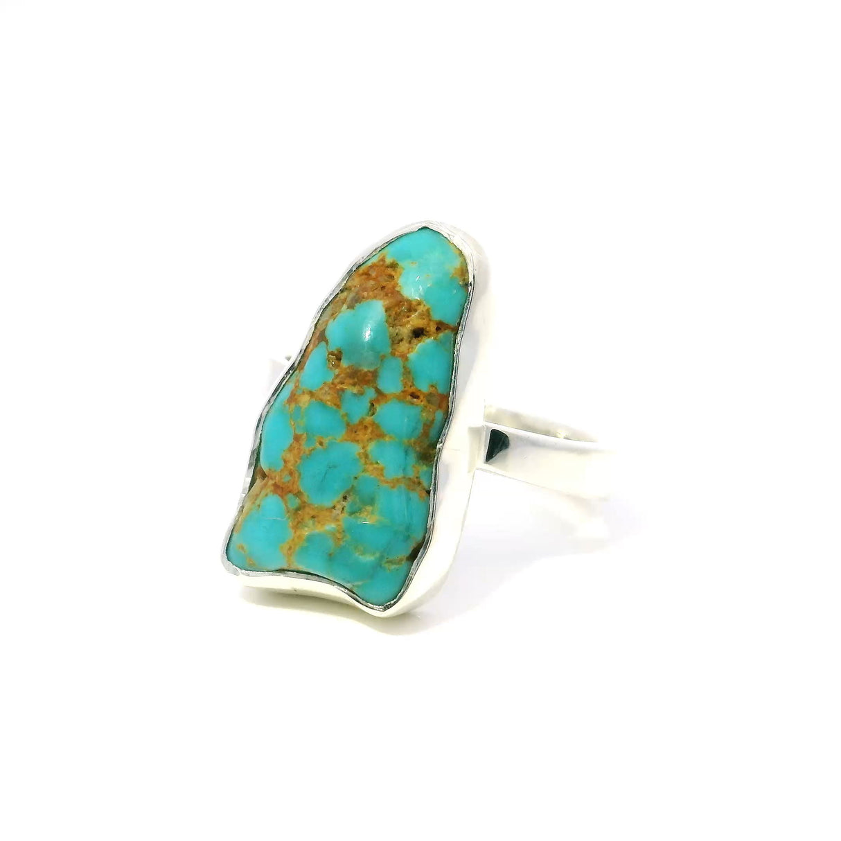 View of New Mexican Turquoise Ring - Polished Triangular Freeform with Multiple Tan Inlcusions Bezel Set in Simple 925 Sterling Silver sz10