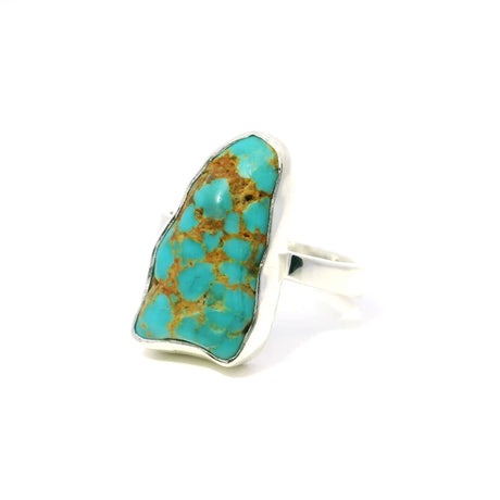 View of New Mexican Turquoise Ring - Polished Triangular Freeform with Multiple Tan Inlcusions Bezel Set in Simple 925 Sterling Silver sz10