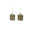 View of Fossilized Coral Dangle Earrings - Square Cabochon with Dark Flowers in Light Background Bezel Set in 925 Sterling Silver