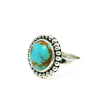 New Mexican Turquoise Ring - Round Cabochon with Tan Inclusions Bezel Set with Beaded Edge in 925 Sterling Silver sz8