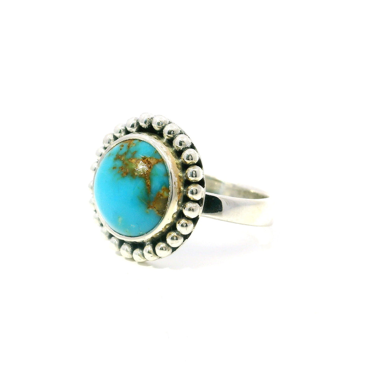 New Mexican Turquoise Ring - Round Cabochon with Tan Inclusions Bezel Set with Beaded Edge in 925 Sterling Silver sz8