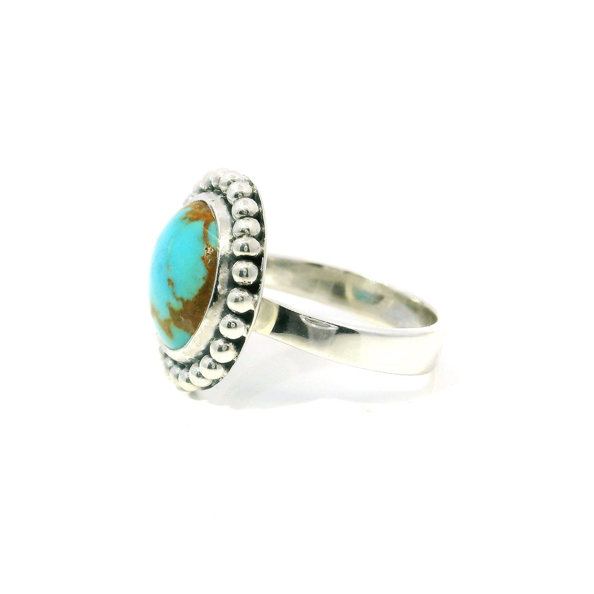 New Mexican Turquoise Ring - Round Cabochon with Tan Inclusions Bezel Set with Beaded Edge in 925 Sterling Silver sz8