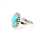 New Mexican Turquoise Ring - Round Cabochon with Tan Inclusions Bezel Set with Beaded Edge in 925 Sterling Silver sz8