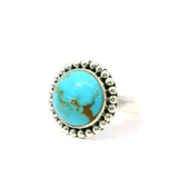 View of New Mexican Turquoise Ring - Round Cabochon with Tan Inclusions Bezel Set with Beaded Edge in 925 Sterling Sivler sz7