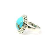 New Mexican Turquoise Ring - Round Cabochon with Tan Inclusions Bezel Set with Beaded Edge in 925 Sterling Sivler sz7