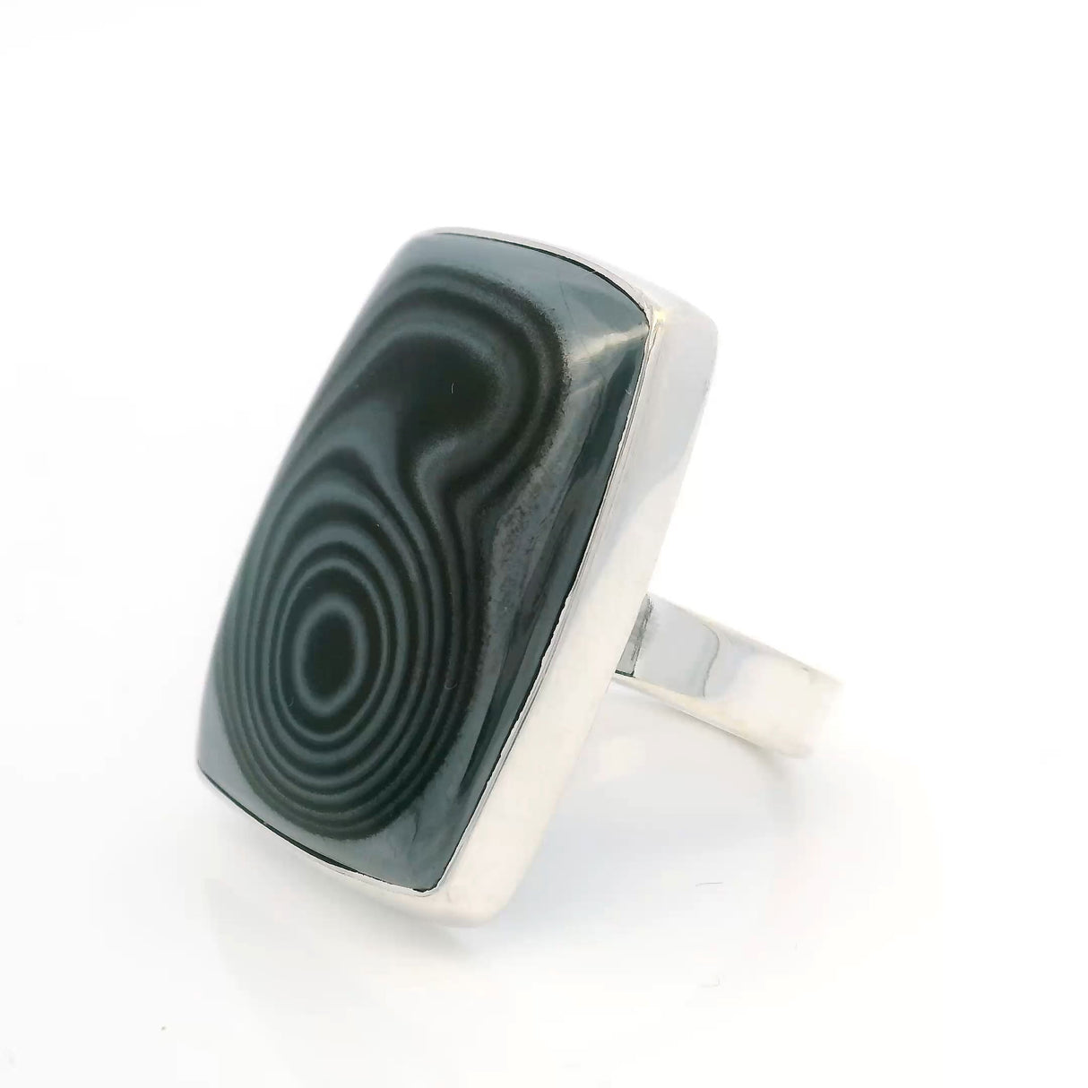 View of Psilomelane Ring - Rectangular Cabochon with Single Bulls-Eye Bezel Set in 925 Sterling Silver szAdj