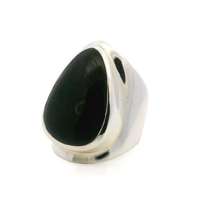 Psilomelane ring featuring a rounded teardrop cabochon set in a wide band bezel made of 925 sterling silver, size 12.