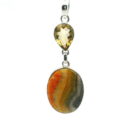View of Bumblebee Jasper Pendant - Oval Cabochon Below Inverted Faceted Citrine Teardrop Bezel Set in 925 Sterling Silver