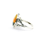 Bumblebee Jasper Ring - Round Tri-Color Cabochon With Double Band & Side Wishbone Accents Bezel Set In 925 Sterling Silver sz8