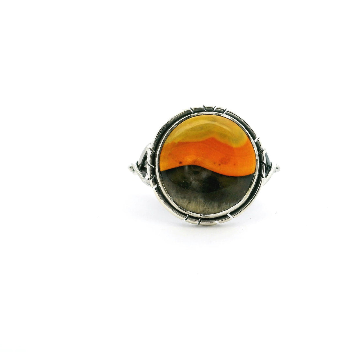 Bumblebee Jasper Ring - Round Tri-Color Cabochon With Double Band & Side Wishbone Accents Bezel Set In 925 Sterling Silver sz8
