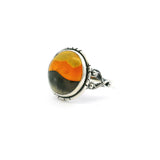 View of Bumblebee Jasper Ring - Round Tri-Color Cabochon With Double Band & Side Wishbone Accents Bezel Set In 925 Sterling Silver sz8
