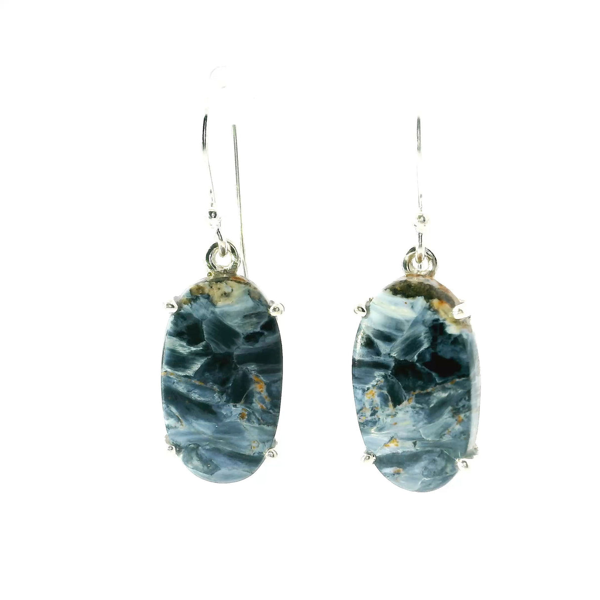 View of Pietersite Dangle Earrings - Oval Cabochon Prong Set in 925 Sterling Silver